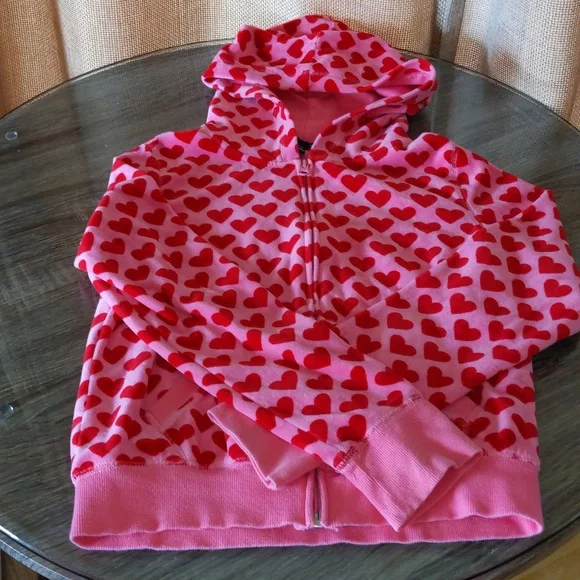 GapKids Vintage Y2K Heart Zip Up Hoodie Velour Girls XXL 14-16 Pink Red Full Zip - Picture 1 of 11